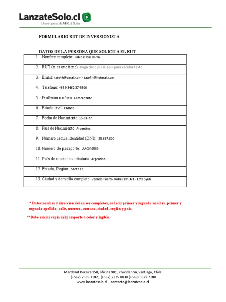 Solicitud de RUT para Inversionistas | PDF | Derecho