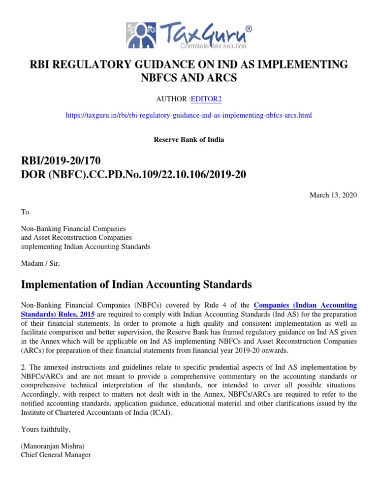 RBI Regulatory Guidance On Ind AS Implementing NBFCs and ARCs - Taxguru ...