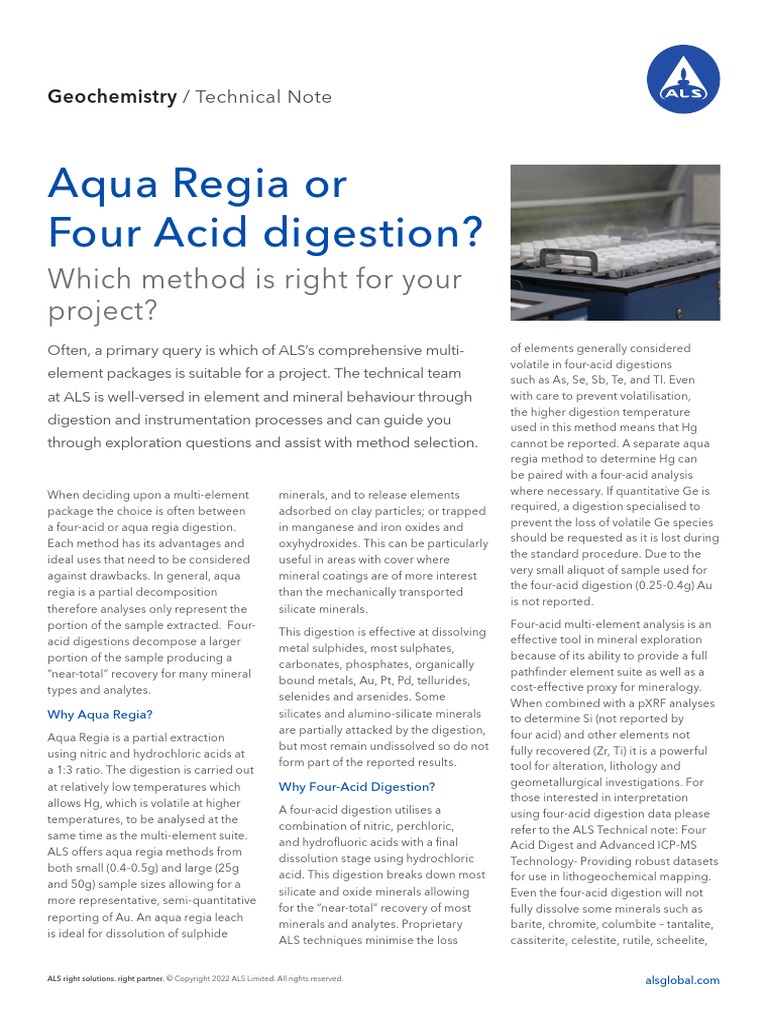 ALS Aqua Regia To 4 Acid Technical Note PDF Minerals Nitric Acid