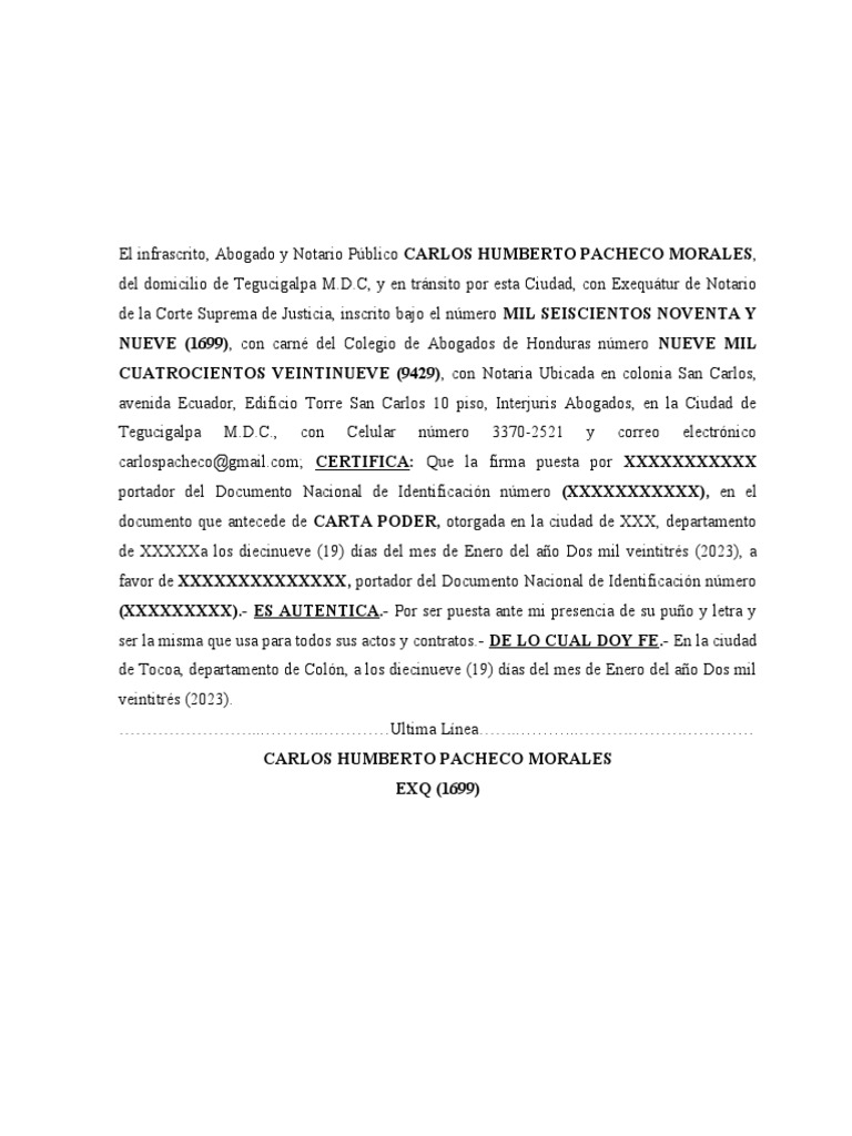 Carta Poder Autenticada en Honduras | PDF | Ciencias sociales | Derecho