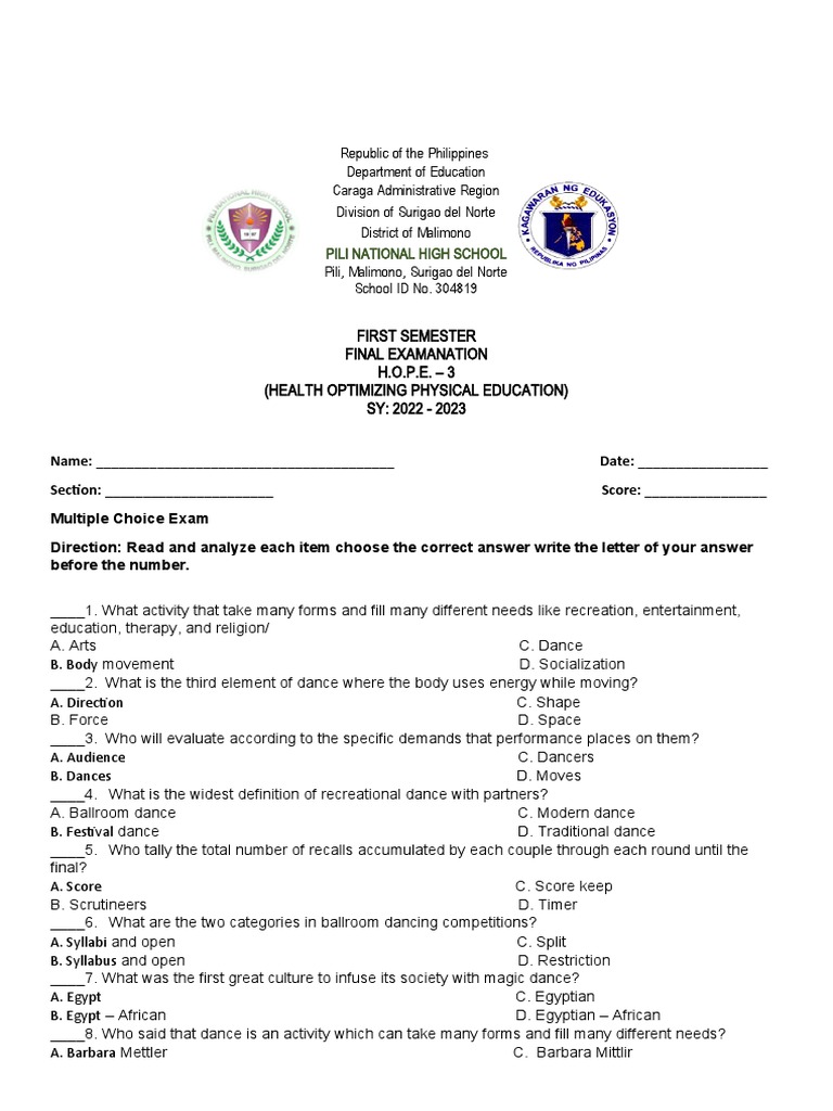 HOPE 3 Final Exam: Dance & Movement | PDF