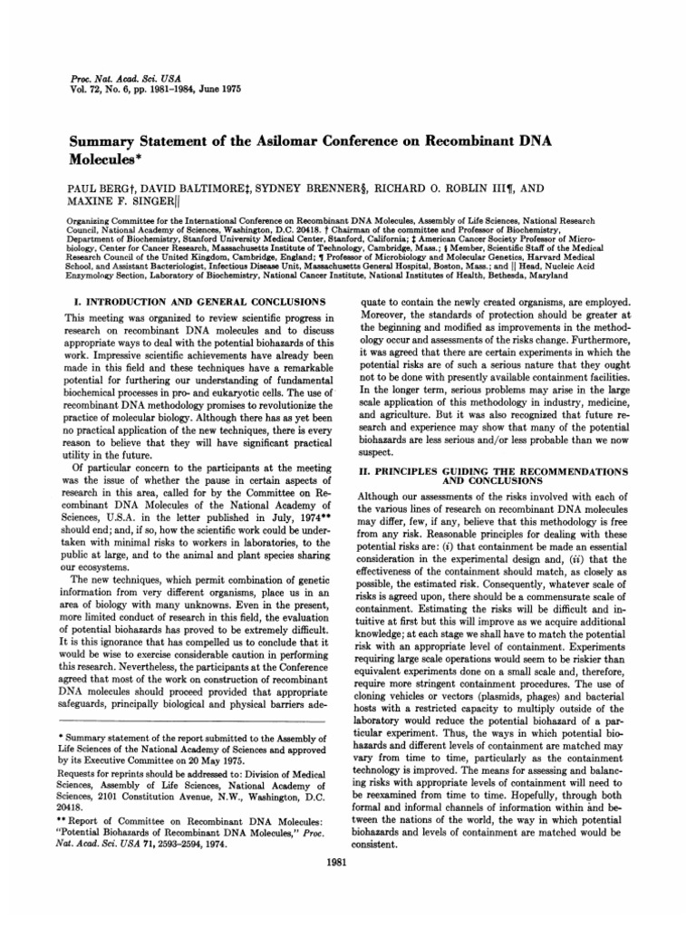 1975 Summary Statement of The Asilomar Conference On DNA Molecules PDF Molecular