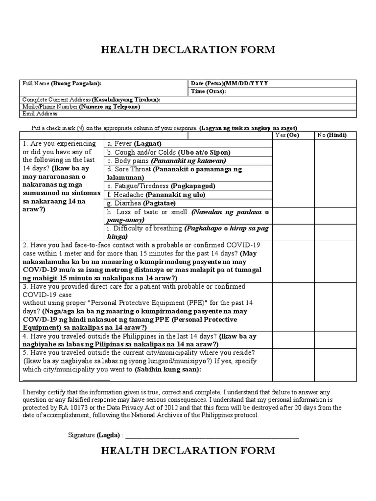 Health Declaration Form Annam ES PDF Diseases And Disorders
