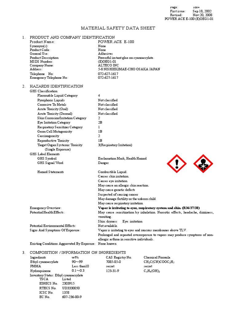 Instant Glue Safety Data Sheet PDF Toxicity Personal Protective