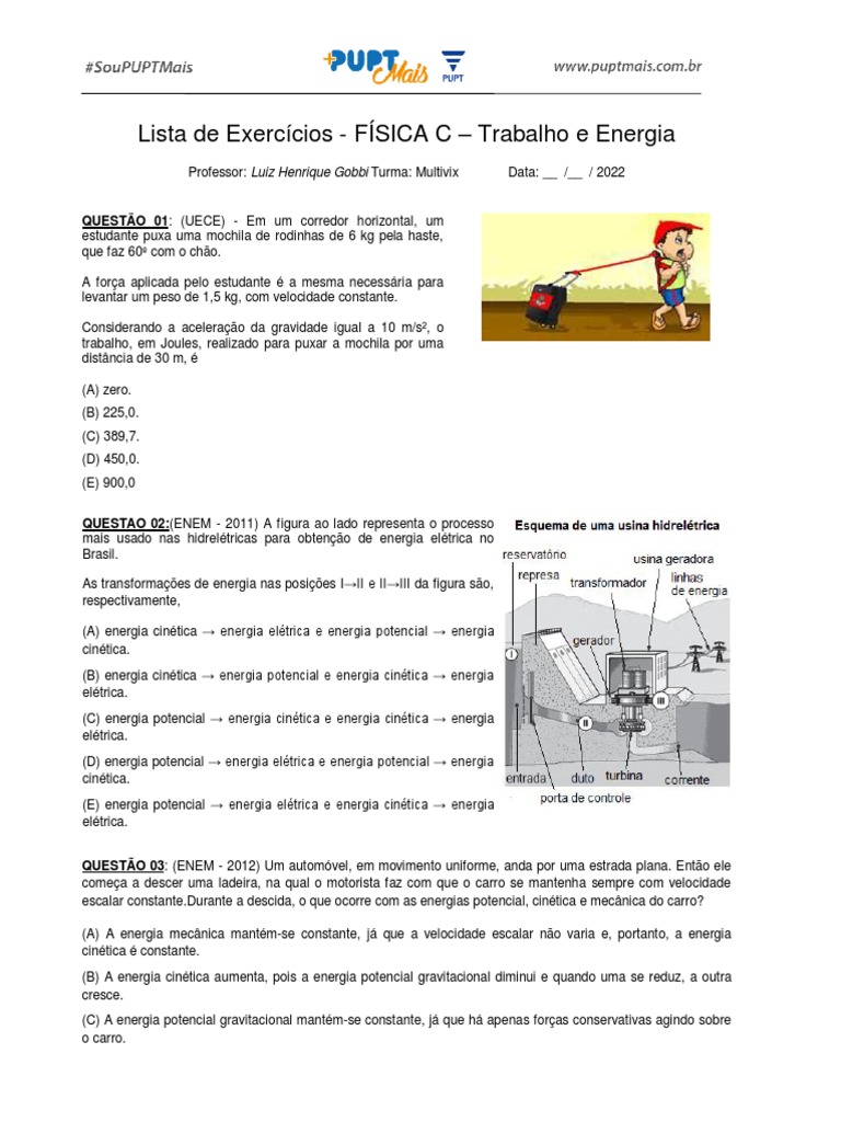 Lista Exercicios FISICA C Trabalho e Energia | PDF | Energia cinética ...