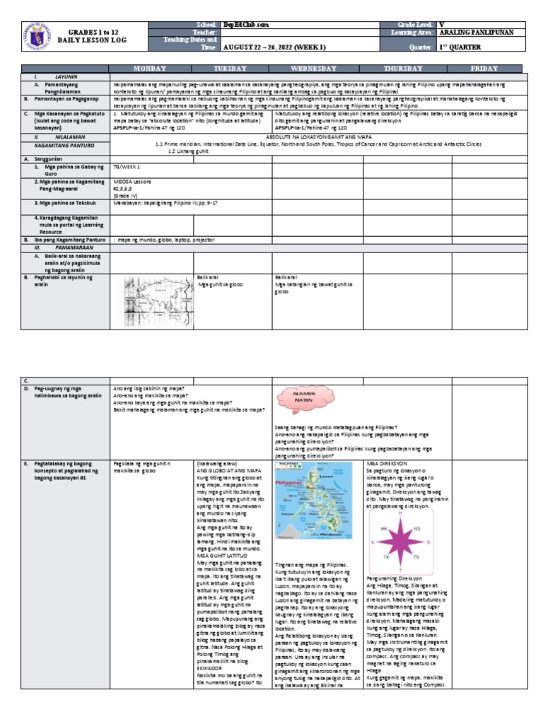 DLL Grade 5 First Quarter 1ST Week PDF