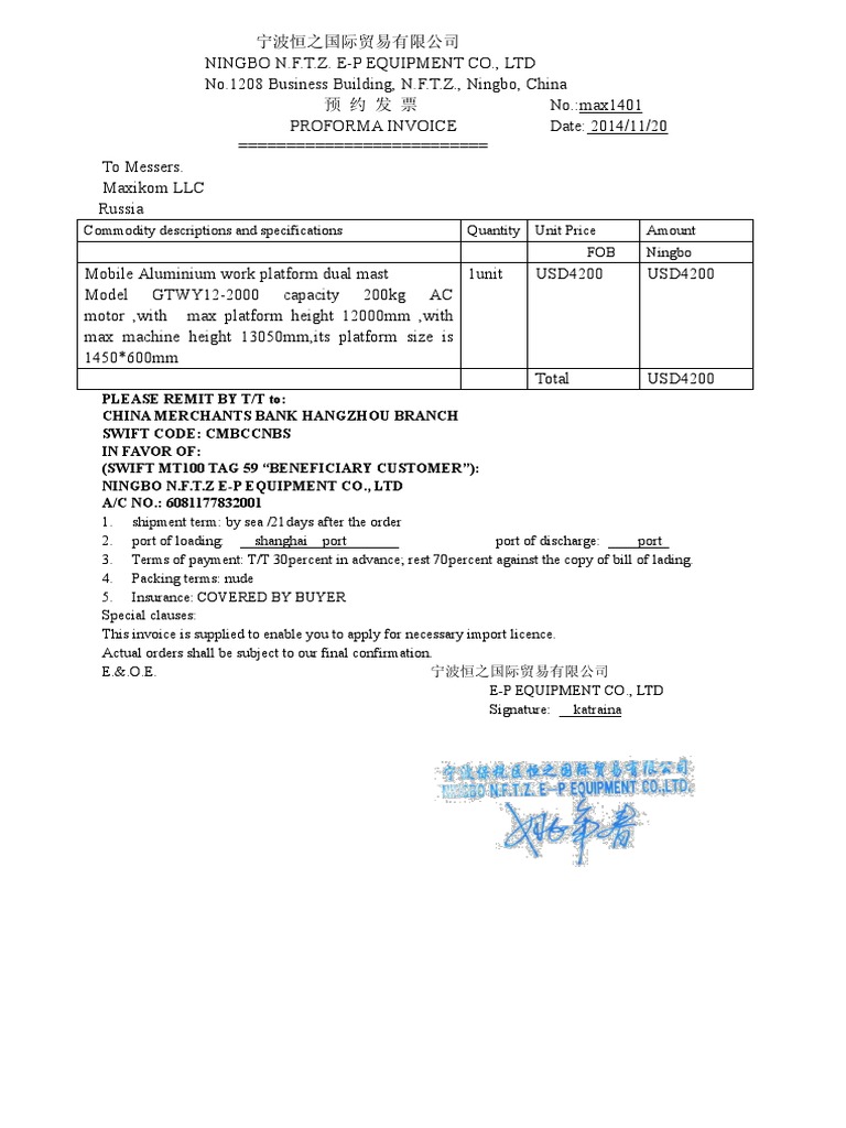 T/T Advance Payment Invoice Details | PDF