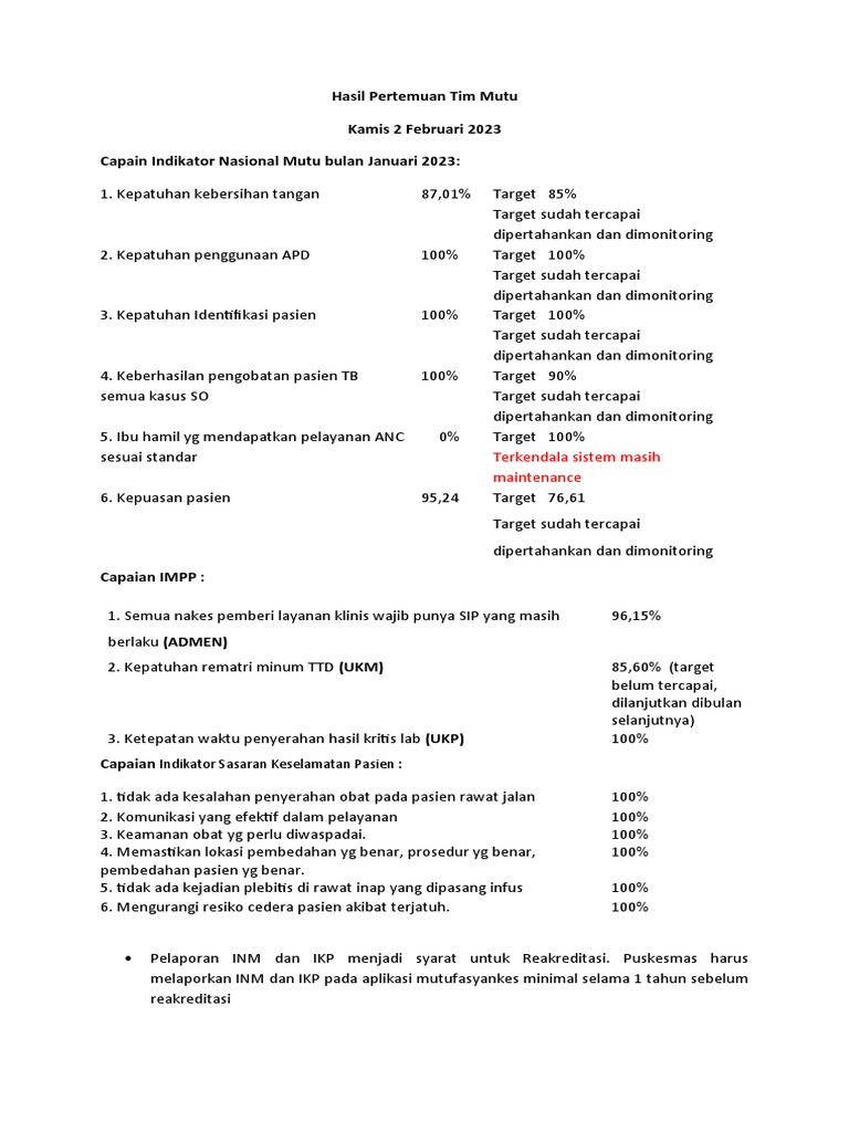 Hasil Pertemuan Tim Mutu 2-02-2023 | PDF