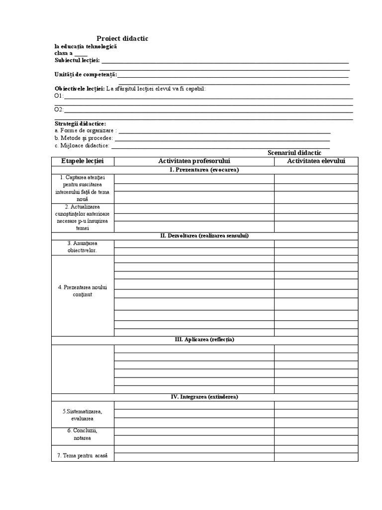 Model de Proiect Didactic Ed Tehnologică | PDF