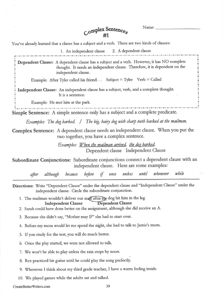 Complex Sentence Practice Removed PDF