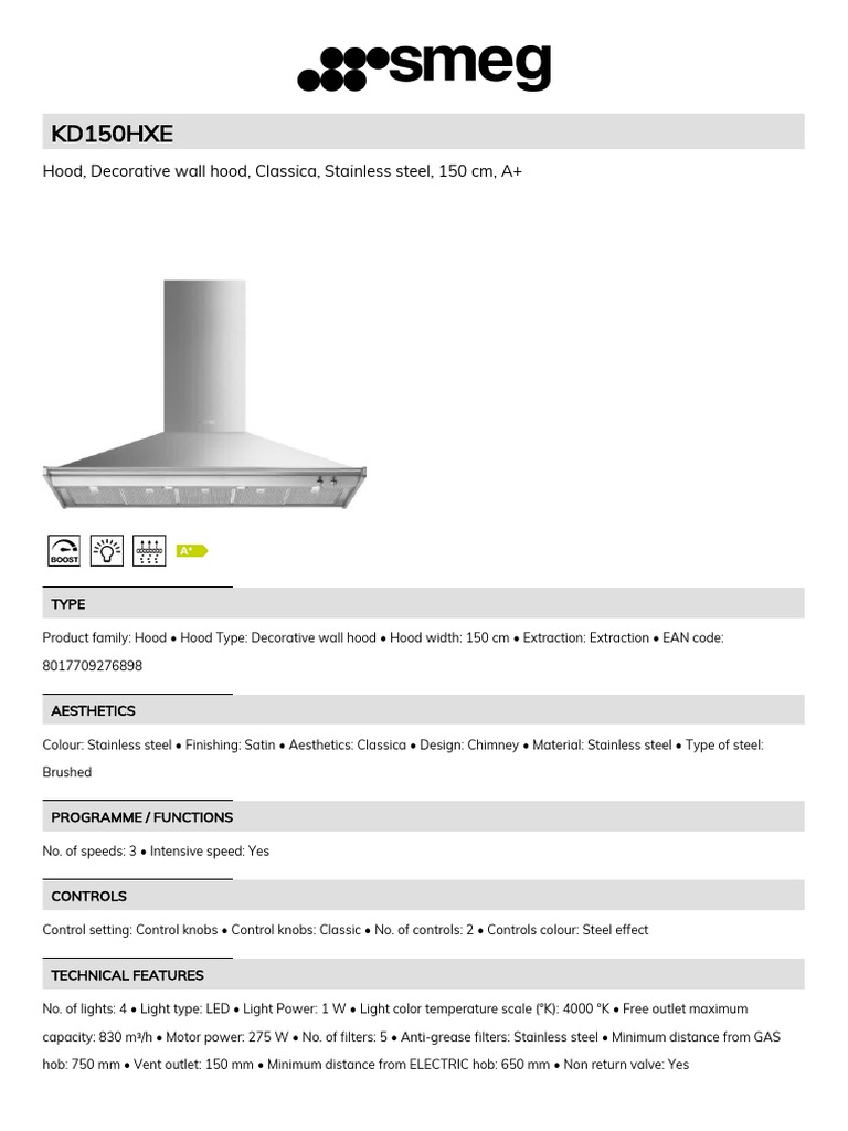 Decorative Stainless Steel 150cm Hood A+ Energy Rating PDF Decibel
