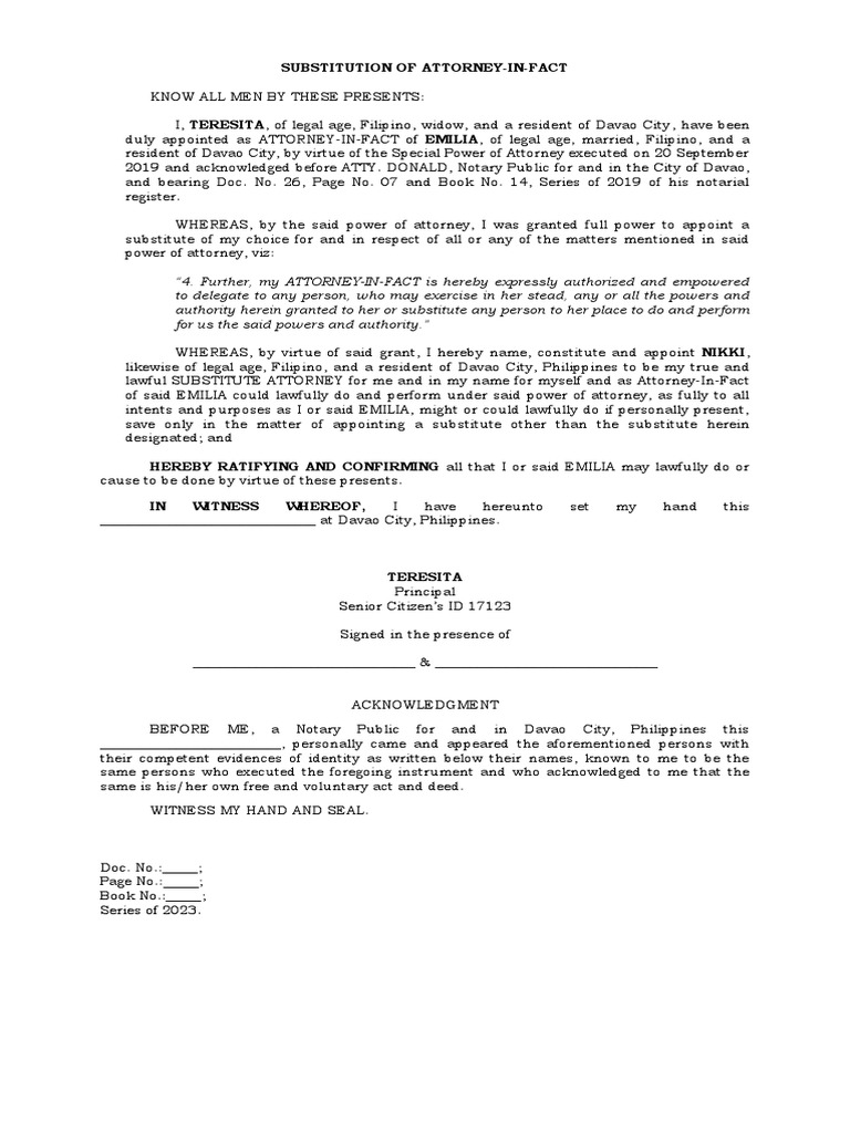 Substitution of AttorneyInFactSample PDF Power Of Attorney Legal Documents