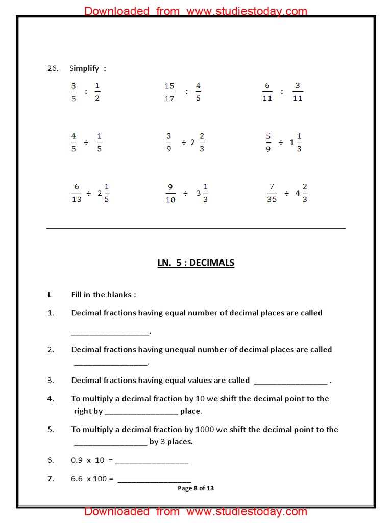 CBSE Class 5 Mathematics Worksheet - Decimals | PDF | Mathematics ...