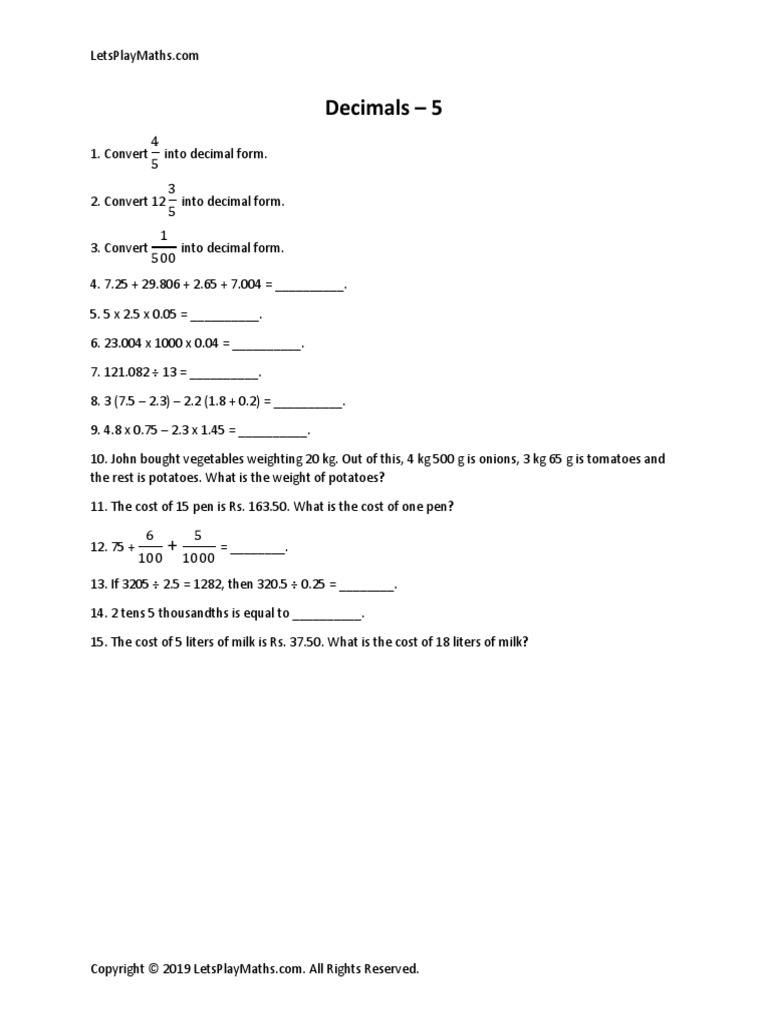 Class 5 Decimals 5 PDF