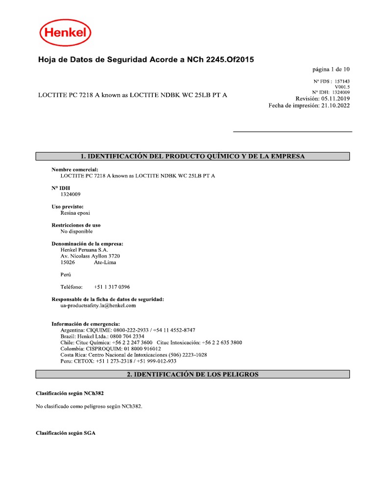 Hoja de Seguridad Loctite PC 7218 | PDF
