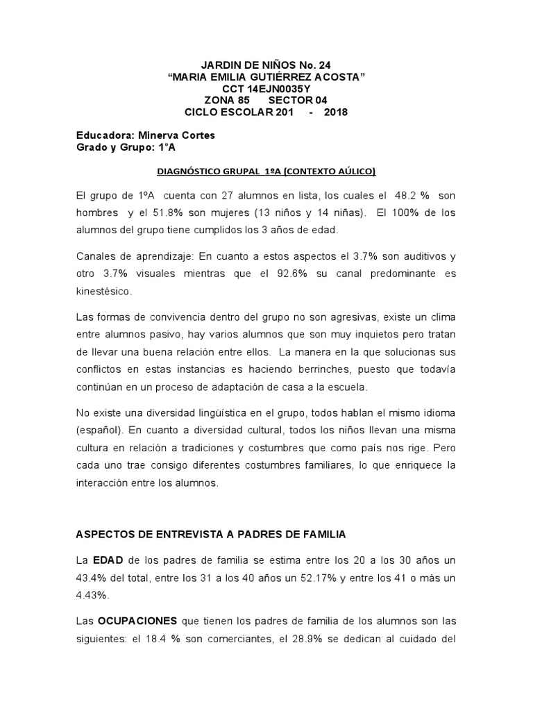 Diagn stico A lico del 1 A en Jard n 24 PDF