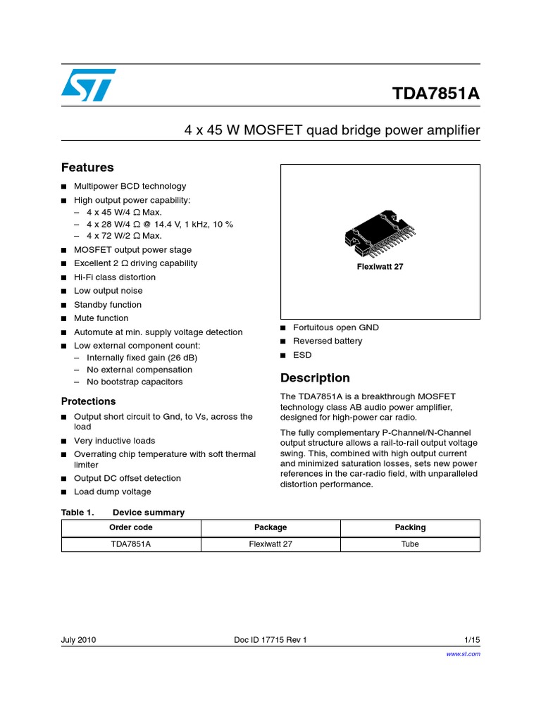 TDA7851A: 4 X 45 W MOSFET Quad Bridge Power Amplifier | PDF | Mosfet ...