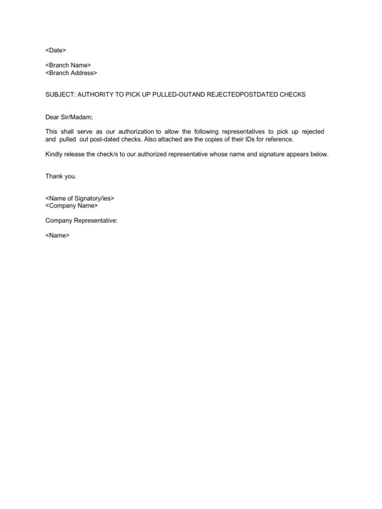 Check Pick Up Authorization Template | PDF