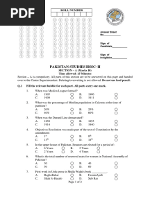 Pakistan Studies HSSC-II Model Question Paper