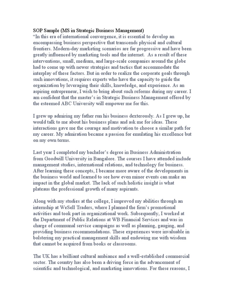 SOP Sample (MS in Strategic Business Management) PDF