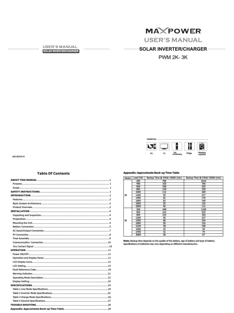 5KW Solar Inverter User Manual | PDF | Power Inverter | Battery Charger