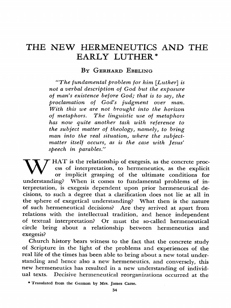 The New Hermeneutics and Early Luther Ebeling PDF Hermeneutics