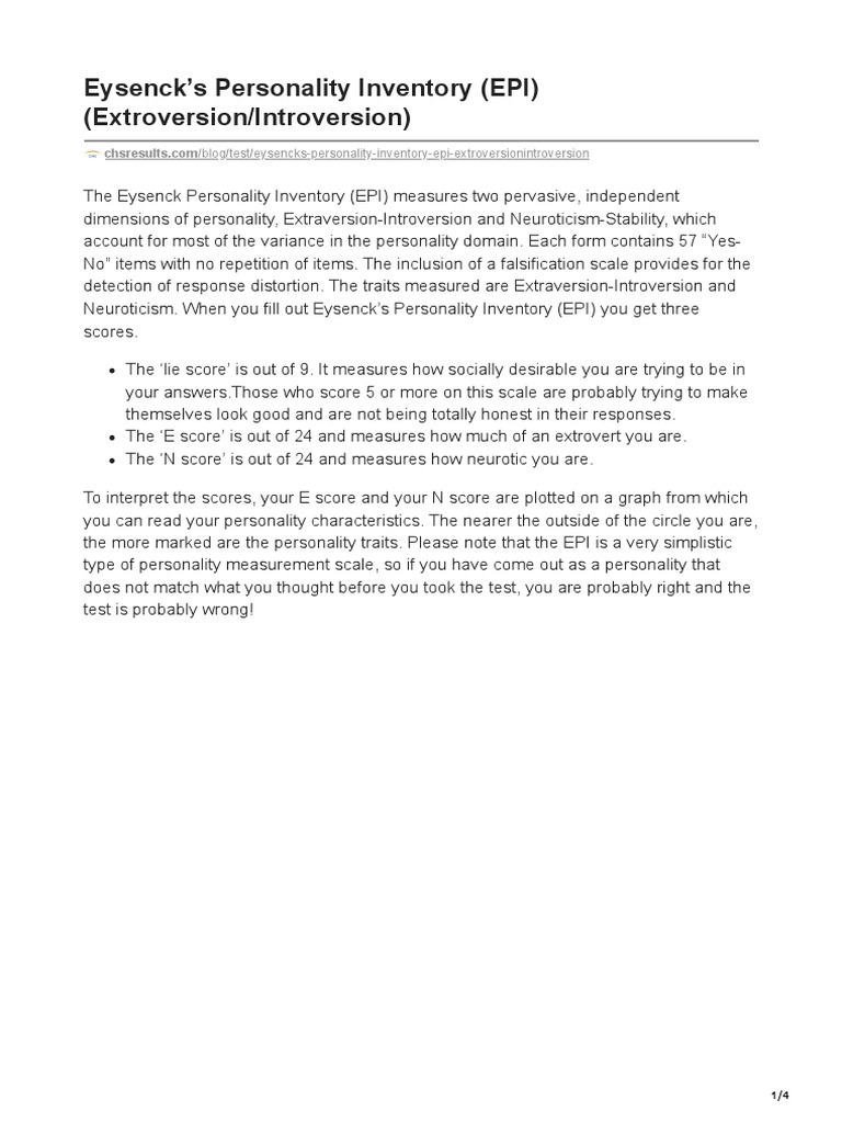 Eysenck Personality Inventory Epi Scale Pdf Extraversion And