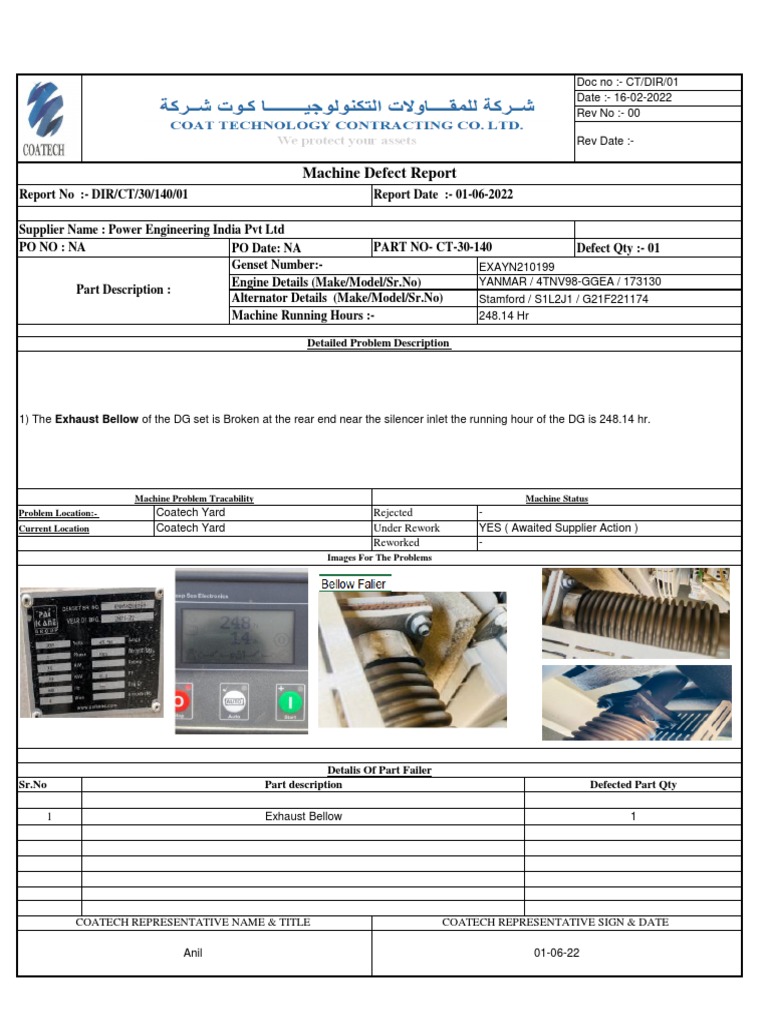 Machine Defect Report: Exhaust Bellow Broken on Generator Set After 248 ...