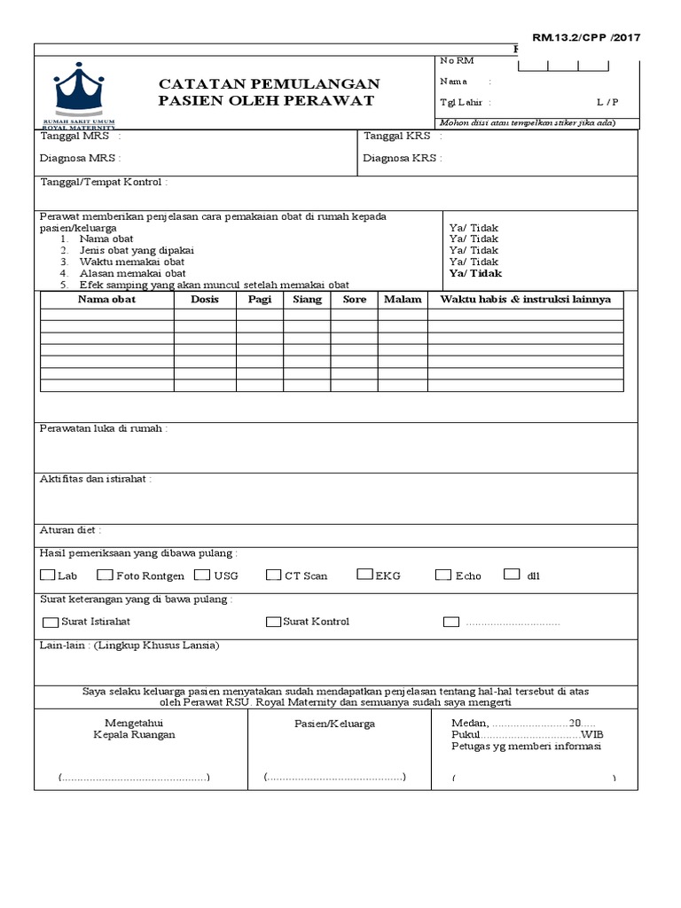 RM 13.1 Form Catatan Pemulangan Pasien Oleh Perawat | PDF