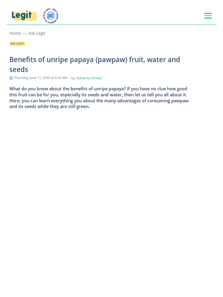 Benefits of Unripe Papaya (Pawpaw) Fruit, Water and Seeds Legit PDF