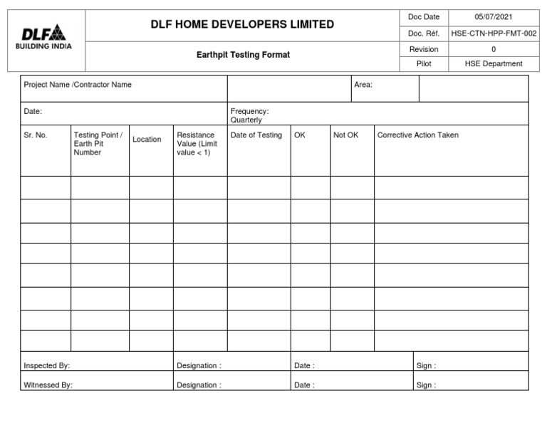 Earthpit Testing Format - HSE-CTN-HPP-FMT-002 | PDF
