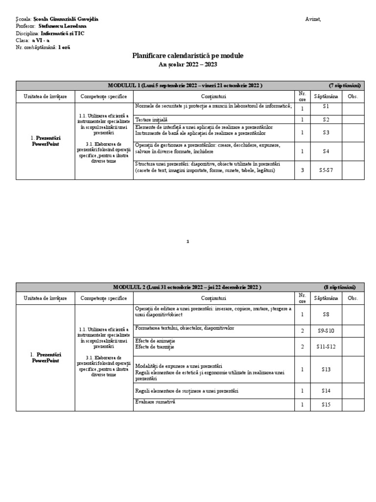 Planificare Pe Module Clasa A VI A Informatica | PDF