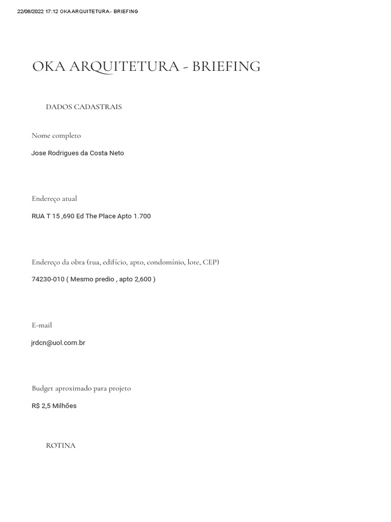 Oka arquitetura briefing jos e liandra formul rios google pdf