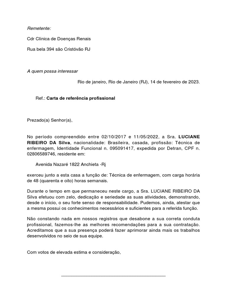 Carta De Referencia Profissional Pdf