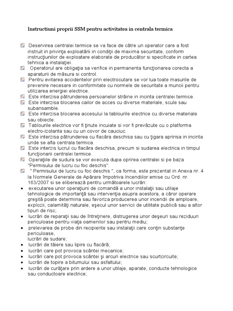 Instructiuni Proprii SSM Pentru Activitatea in Centrala Termica | PDF