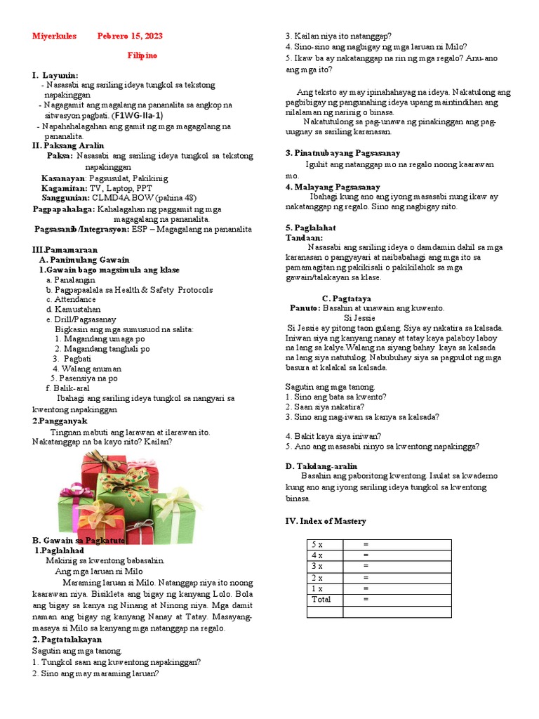 Filipino Week 1 Day3 Filipino Pdf