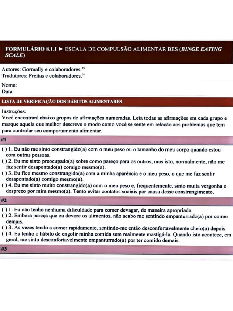 Binge Eating Escale - Escala de Compulsão Alimentar | PDF | Alimentos ...