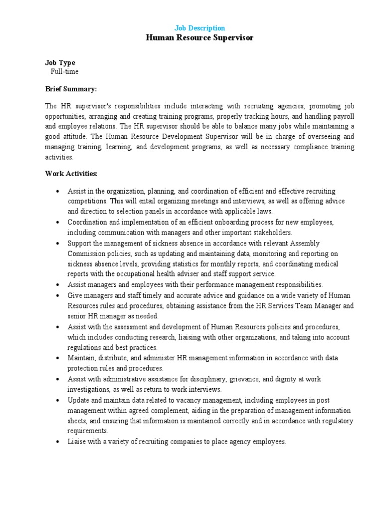 HR Supervisor Job Description Overview | PDF | Human Resource ...