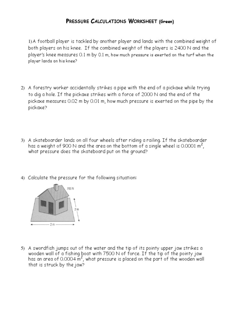 Pressure Calculations Worksheet | PDF | Weight | Pressure