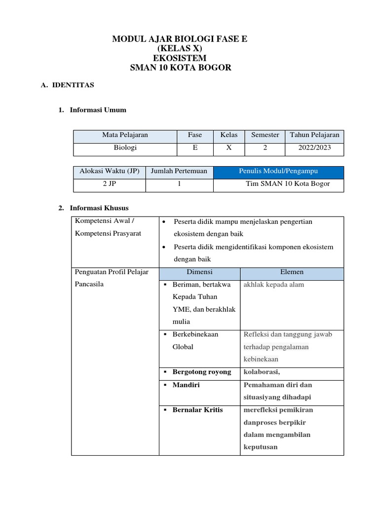 MODUL AJAR BIOLOGI FASE E EKOSISTEM (Interaksi Antar Komponen) | PDF