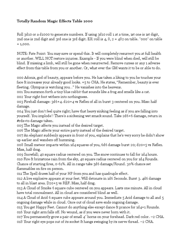 d1000 Totally Random Magic Effects Table | PDF