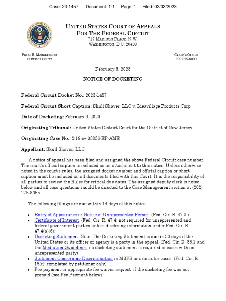 Skull Shaver v. IdeaVillage - Appeal Docketed | PDF | Summary Judgment ...