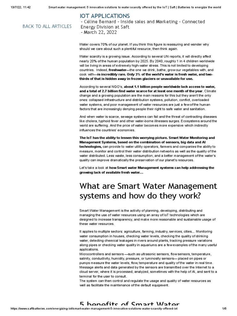 IoT Solutions for Water Scarcity Management | PDF | Internet Of Things ...