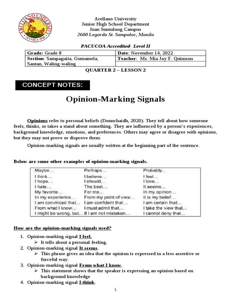 Eng8 Opinion Marking Signals Concept Notes PDF Io PDF Experience Knowledge