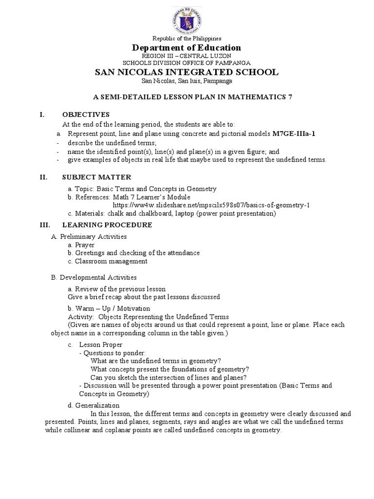 CO - 1 Semi-Detailed Lesson Plan in Math 7 | PDF | Mathematics | Lesson ...