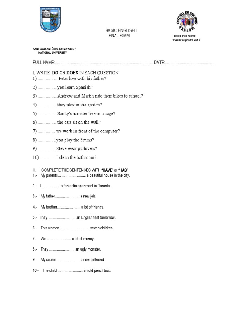 Basic English Final Exam for Beginners | PDF