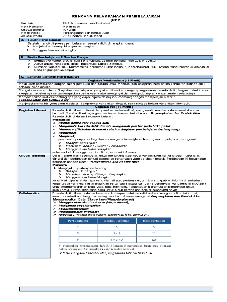 RPP 1 Lembar Matematika Kelas 9 Semester 1 Perpangkatan Dan Bentuk Akar