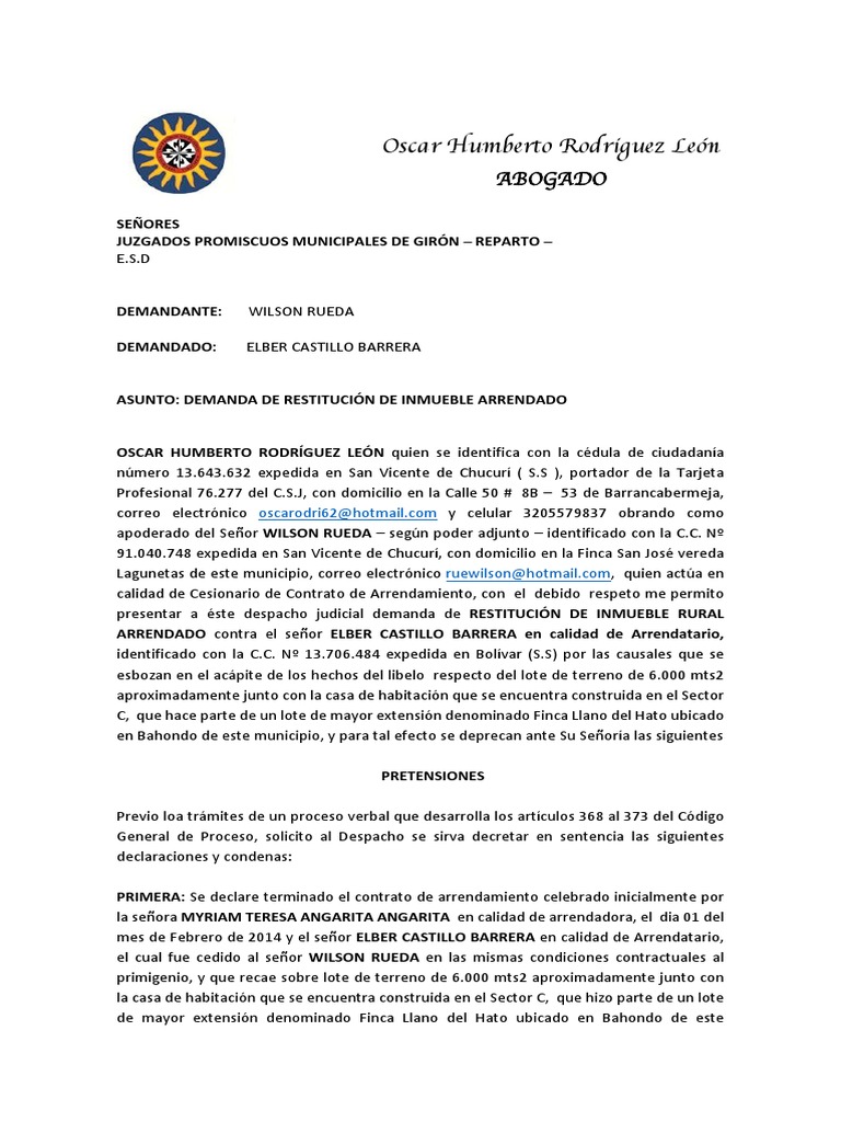 Demanda Restitucion de Inmueble Arrendado | PDF | Sentencia (ley ...