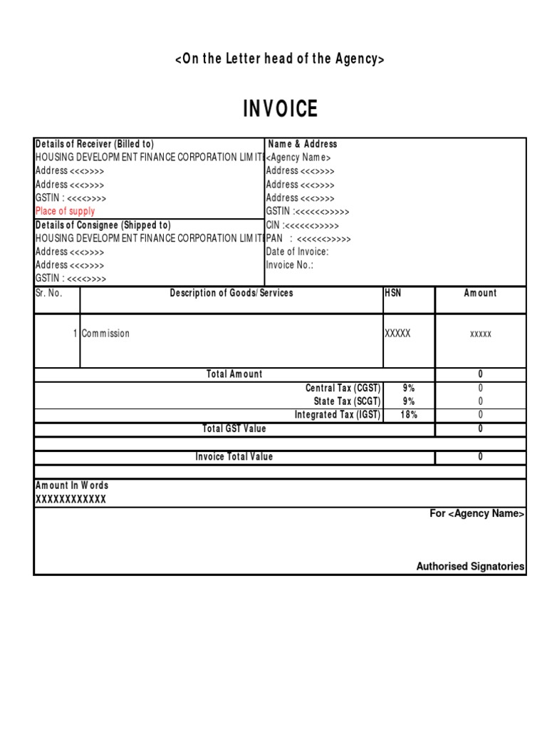 Commission Invoice for Housing Development Finance Corporation Limited