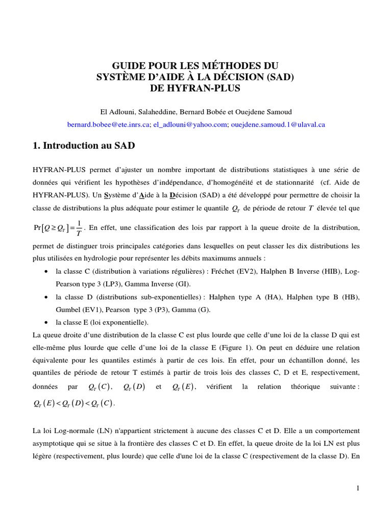 Guide des Méthodes SAD de Hyfran-Plus | PDF | Loi de probabilité | Test ...